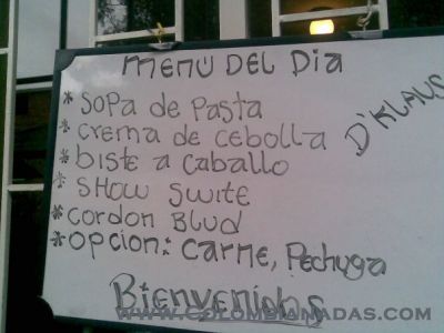 Menú del Día a la Colombiana
En un restaurante del centro de Bucaramanga, se encuentra un nuevo menú muy internacional y con nuevos platos, como: Cordon Blud y, un nuevo plato chino, el Show Swite!
D' Klaus.. uauu, qué cotiz :P
Keywords: Menú;a;la;colombiana